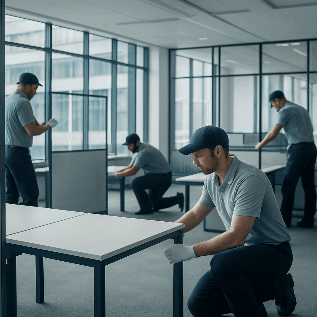 Installateurs certifiés de Noova Express assemblant des postes de travail dans un bureau corporatif